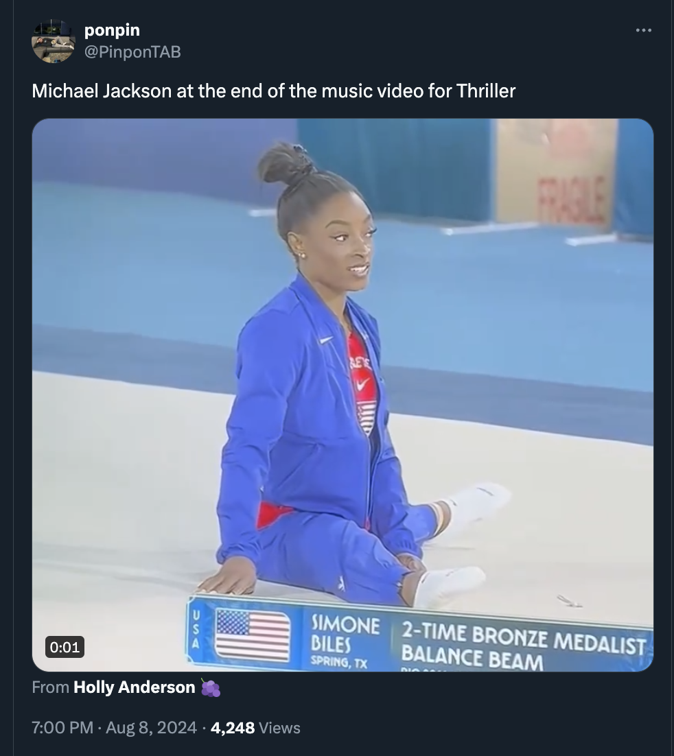 screenshot - ponpin Michael Jackson at the end of the music video for Thriller Usa Fragile Simone Diles 2Time Bronze Medalist Balance Beam Spring, Tx From Holly Anderson 4,248 Views